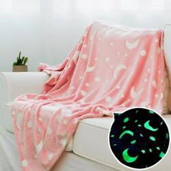 Patura luna fosforescenta roz, flanel moale 130x150 cm, patura pufoasa cu stele, decor dormitor cozy, patura calduroasa si confortabila pentru relaxare, efect magic pe timpul noptii (4486)