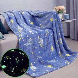  Patura fosforescenta cu astronauti, flanel moale 130x150 cm, patura pufoasa cu stele si planete, decor modern pentru dormitor, patura calduroasa pentru relaxare, efect magic pe timpul noptii (4488)