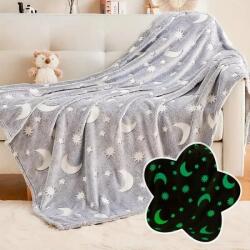 Patura luna fosforescenta gri, flanel moale 130x150 cm, patura pufoasa luminoasa cu stele, decor modern pentru dormitor, patura calduroasa pentru relaxare, efect magic pe timpul noptii (4487)