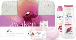Dove Advanced Care ajándékkészlet, Helyreállító tusfürdő, 225 ml + Dove Advanced Care Gránátalma spray, 150 ml + Dove Gránátalma és Shea bőrradír, 225 ml + Dove Pink krémszappan, 90 g