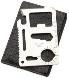 11 funkciós rozsdamentes acél túlélőkártya bőr tokkal, 6.7×4.5 cm (14298)