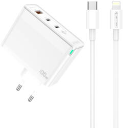 Jellico Univerzális 100W GaN Hálózati Telefon, Tablet, Kamera és Fényképezőgép Gyors Töltő, 2db USB-C, és 1db USB-A aljzattal + 1m USB-C to Lightning Kábel (Jellico - C118)