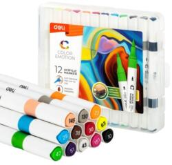 Deli Color Emotion akril marker kétvégű (ecset és kerek hegy) 12db, vízbázisú (DEC190-12)