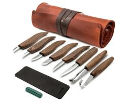 BeaverCraft Set extins de sculptură în lemn Beavercraft (8 unelte cu mânere din nuc) în piele autentică