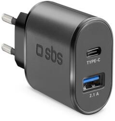 SBS TETRAVUSBTC2AFAST 1x USB Type-C / 1x USB Type-A Hálózati Töltő - 10 W, Fekete (TETRAVUSBTC2AFAST)