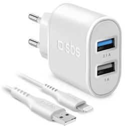SBS Mfi 2X USB-A Hálózati Töltő - 10W + USB-A / Lightning Kábel, Fehér (TEKITTR2ULH2189A)