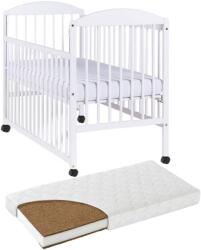 Kidizi Patut din lemn masiv 120x60 cm Kidizi Orella alb cu laterala culisanta, roti si saltea cocos LUX 120x60x9 cm, reglabil pe 3 nivele, certificat EN71 (1620+120609LUX)