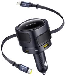 Baseus Enjoyment Max Autós töltő 1xUSB+1xUSB-C+fix USB-C/Lightning kábel 90W fekete (C00035507121-02)