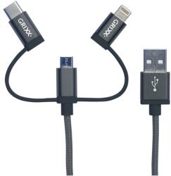 GRIXX USB Lightning + Micro USB + USB Type C Töltő/adatkábel Fekete 1m GROCA3IN1FG01 (GROCA3IN1FG01)