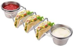 Herzberg Cooking Rozsdamentes acél taco tartó 3 férőhellyel, 2 szószcsészével, sütőálló (HG-04043)