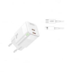 XO CE08 Fehér Hálózati Töltő szett PD35W 2*USB-C + USB-C/Lightning kábel a dobozban - aqua