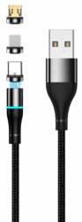 Setty - 3in1 kábel - USB - Lightning / Type-C (USB-C) / MicroUSB cserélhető mágneses fejekkel, fekete szövet kábel 2A, 1 m