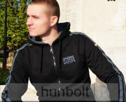  Harcos kapucnis zipzáras fekete pulóver, szürke csíkkal