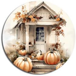  Nyomtatott fa tábla koszorú közép - Fehér-narancs tök házzal 11, 8cm - kosarbolt