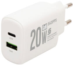 Somogyi Elektronic SA20PPS USB hálózati gyorstöltő, 20 Watt, 2in1: USB-A + USB-C aljzat, QC + PD + PPS gyorstöltés, GaN technológia (SA20PPS) - bipi