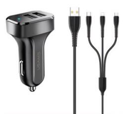 USAMS KING TU C13 autós töltő 2 USB aljzat (10W, LED jelzés + lightning/microUSB/Type-C kábel) FEKETE (NTU35YTSC13TZ) - aqua
