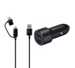 Samsung autós töltő 2 USB aljzat (15W, gyorstöltő, LED + Type-C/microUSB kábel) FEKETE 'Gigapack csomagolás' (EP-L1100)