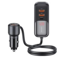 USAMS C40 autós töltő 3 USB+2 Type-C aljzat (165W, PD gyorstöltő, LED kijelző + 1.5m hosszabbító) FEKETE (CC213CC01) (CC213CC01)