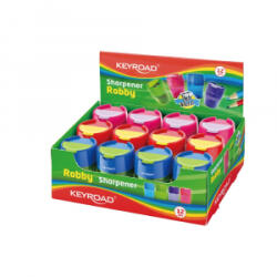 Keyroad Hegyező 2 lyukú tartályos, fedeles, fém belsővel 12 db/display Robby vegyes színek (KR971297) (KR971297)