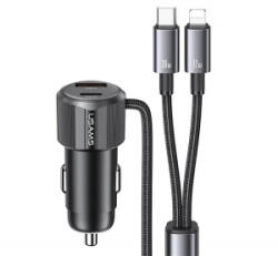 USAMS autós töltő USB+Type-C aljzat (66W, PD gyorstöltő + fix Type-C - lightning kábel) FEKETE (CC287CC01) - aqua