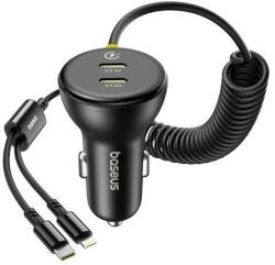 Baseus autós töltő 2 Type-C aljzat (27W, PD gyorstöltő + fix spirál Type-C - lightning kábel) FEKETE (C00035902121-00)
