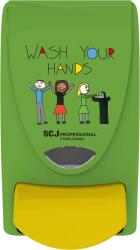 SC Johnson Professional SCJP Proline nyomógombos szappanadagoló kézmosó patronokhoz Wash Your Hands grafikával óvodai és iskolai mosdókba, manuális, 1L, ABS műanyag, zöld/citromsárga (SCJP-WYH1LDS)