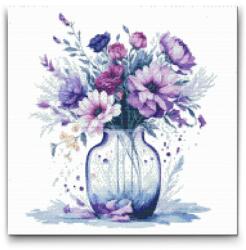 Gyémántszemes kirakó - Lila virágok üveg vázában Méret: 50x50cm, Keretezés: Keret nélkül (csak a vászon), Gyémántok: Négyzet alakú