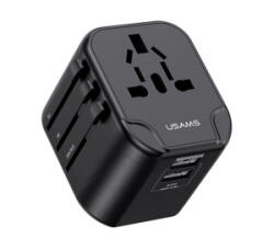 USAMS T55 utazó töltő 2 USB aljzat (12W, EU, UK, US, AU) FEKETE (CC173TC01) (CC173TC01)