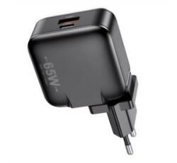 Awei hálózati töltő USB+Type-C aljzat (65W, GaN, PD gyorstöltő) FEKETE (PD55-EU) (PD55-EU)