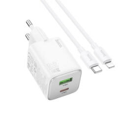 hoco. N41 hálózati töltő USB+Type-C aljzat (20W, GaN, PD gyorstöltő 3.0 + lightning kábel) FEHÉR (N41_LIGHTNING_W) - aqua