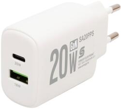 Somogyi Elektronic HOME SA20PPS USB hálózati gyorstöltő, 20 Watt, 2in1: USB-A + USB-C aljzat, QC + PD + PPS gyorstöltés, GaN technológia