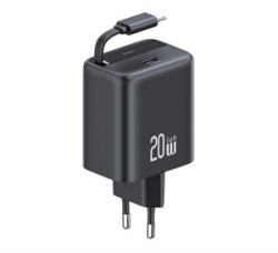 USAMS YC hálózati töltő Type-C aljzat (20W, PD gyorstöltő, GaN + fix, csévélhető Type-C kábel) FEKETE (CC233TC01) - aqua