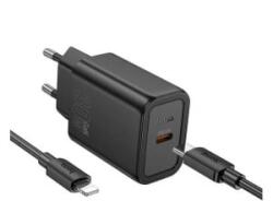 hoco. N62 hálózati töltő Type-C aljzat (30W, PD gyorstöltő 3.0 + lightning kábel) FEKETE (N62_TYPEC_LIGHTNING_B) - aqua