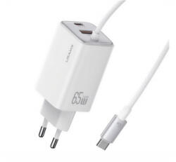 USAMS JC hálózati töltő Type-C aljzat (66W, PD gyorstöltő, GaN + fix Type-C kábel) FEHÉR (CC266TC02) (CC266TC02)