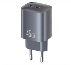 USAMS hálózati töltő 2 Type-C aljzat (45W, GaN, PD gyorstöltő 3.0) SÖTÉTSZÜRKE (CC305TC01) - aqua