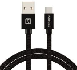SWISSTEN 71521301 Textile USB Type-A apa - USB Type-C apa Adat és töltő kábel - Fekete (2m) (SW-QU-TYPC-3.1-2M-BK) (SW-QU-TYPC-3.1-2M-BK)