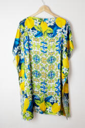 SHOPIKA Rochie de plaja tip poncho din matase cu imprimeu mediteranean cu lamai pe alb, verde si albastru Talie unica