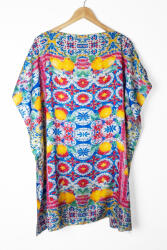 SHOPIKA Rochie de plaja tip poncho din matase cu imprimeu mediteranean cu lamai pe alb si fucsia Talie unica