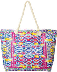 SHOPIKA Geanta de plaja din material textil, cu model mediteranean cu lamai pe alb si fucsia