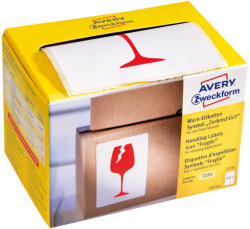 Avery Etikett címke, piktogram Törékeny, óvatosan kezelendő! 74 x100mm, tekercses, 200 címke/doboz, Avery piros (7251) - veryjet