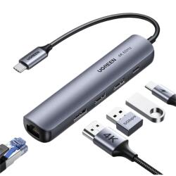 UGREEN Dokkoló állomás 5 az 1-ben, 4K60Hz, USB HUB, HDMI 2.0, Ethernet, 3x USB-A, USB-C, 100W, szürke 10919 (10919)