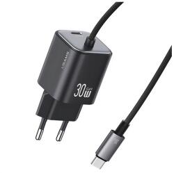 USAMS CC264TC01 30W Gan PD Type-C fekete hálózati töltő + fix Type-C kábel (CC264TC01)