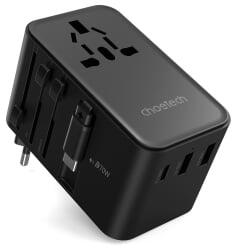 Choetech USB-C*2+USB-A*2 (70W, fekete, travel, USB-C kábellel, US, UK, EU, AU), töltő (PD5022)