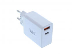 Well 1xUSB-A QC3.0 1xUSB-C PD Hálózati töltő - Fehér (45W) (PSUP-USB-WPQ4501WE-WL) (PSUP-USB-WPQ4501WE-WL)