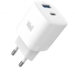 Well 1x USB-A- 1xUSB-C GaN, PD Hálózati töltő - Fehér (30W) (PSUP-USB-WPD3301WE-WL)
