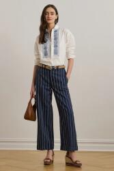 Lauren Ralph Lauren nadrág vászonkeverékből sötétkék, magas derekú széles, 200978536 - sötétkék 36