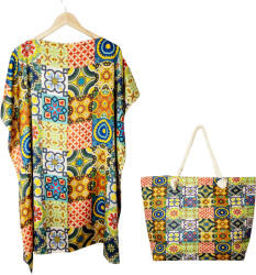 SET rochie tip poncho din matase si geanta mare de vara cu model marocan in culori vibrante