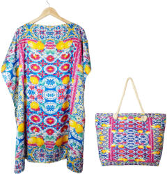 SET rochie tip poncho din matase si geanta mare de vara cu model mediteranean cu lamai pe alb si fucsia