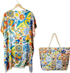 SET rochie tip poncho din matase si geanta mare de vara cu model marocan cu lamai in culori vibrante