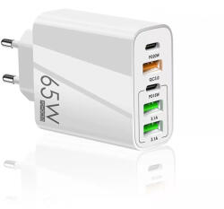 Techsuit - Prémium Fali Töltő PentaXPower (CHC2) - 3x USB QC 3.0, 2x Type-C PD 20W, 65W, 1m - Fehér